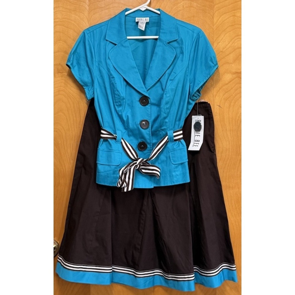 Robbie Bee Womens 2pc Pleated Skirt Button Front Blazer Top Turquoise/Brown 14